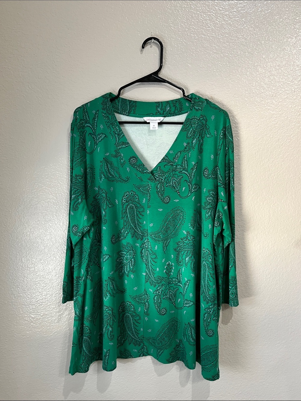 Liz Claiborne Green Navy Paisley 3/4 Sleeves V Neck Top Sz 1X Casual Vacay